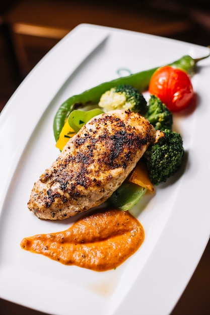 Vue latérale poitrine de poulet frit avec légumes et sauce