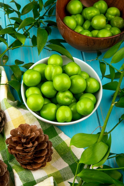 Photo gratuite vue latérale des prunes vertes aigres dans un bol et des cônes avec des feuilles de ruscus sur une table en bois bleue
