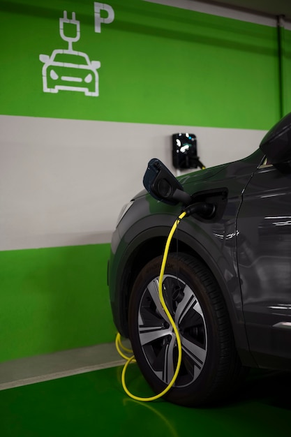 Vue latérale de la recharge de la voiture électrique dans le parking