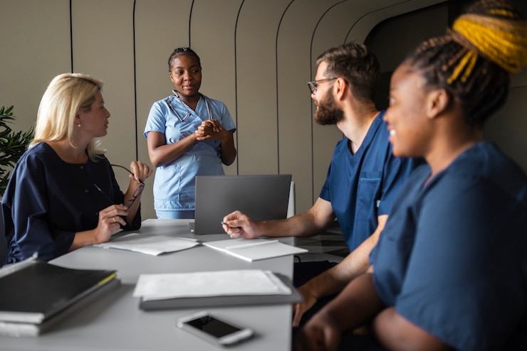 Photo gratuit vue latérale réunion des professionnels de la santé