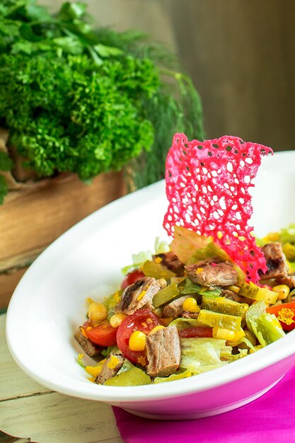 Vue latérale de la salade de viande de boeuf avec des légumes hachés et des cornichons dans un bol