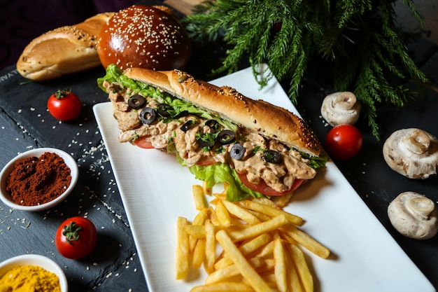 Vue latérale sandwich au poulet dans du pain avec frites tomates et champignons aux épices