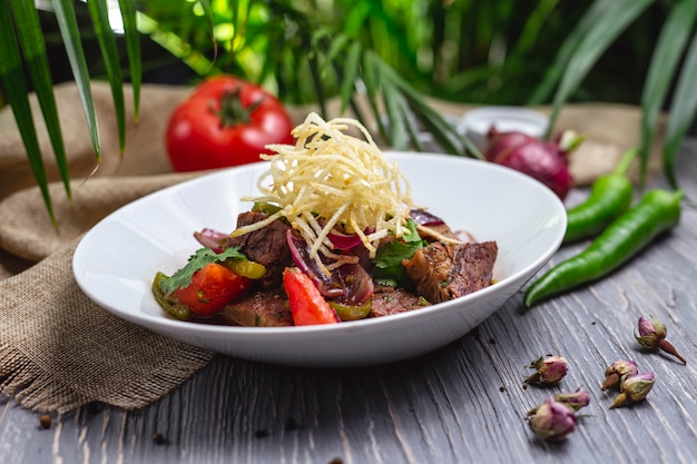 Vue latérale sauce à la viande avec légumes frits et oignons frits avec dessus et piment