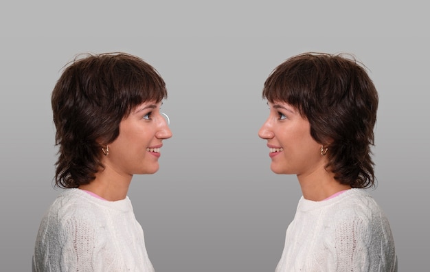 Photo gratuite vue latérale smiley femme avant et après rhinoplastie