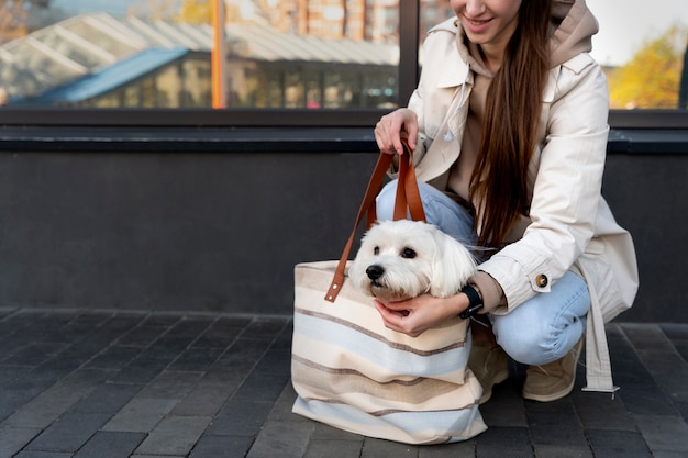 Photo gratuite vue latérale smiley femme portant un chien dans un sac