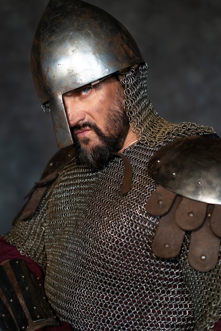 Photo gratuit vue latérale soldat médiéval posant en studio
