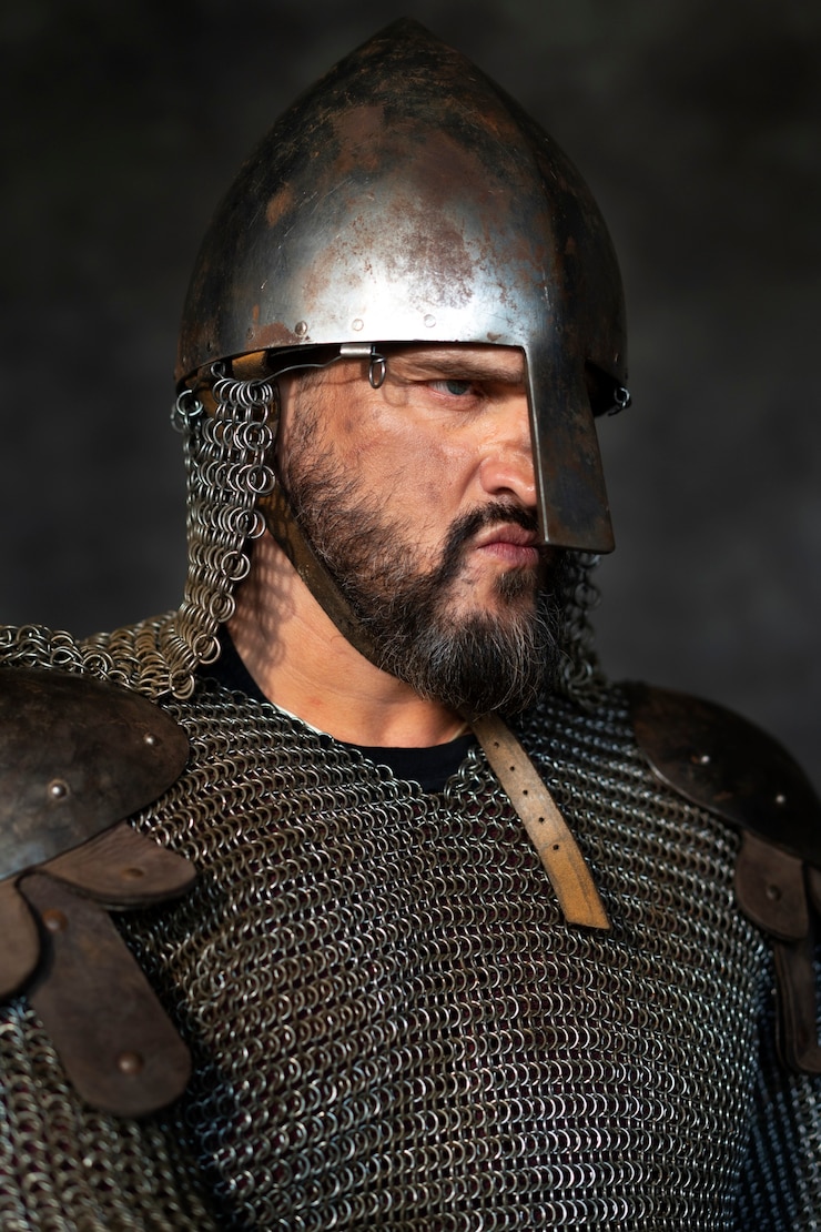 Photo gratuit vue latérale soldat médiéval posant en studio