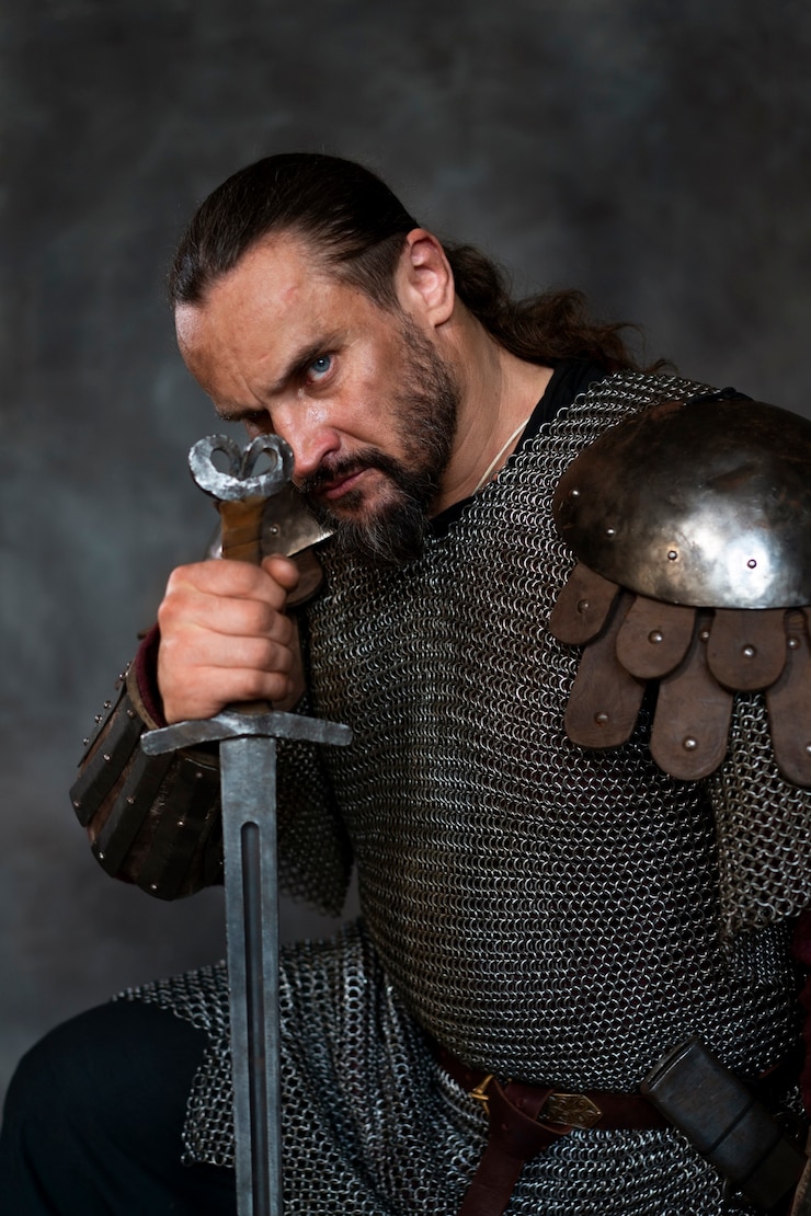 Photo gratuit vue latérale soldat médiéval posant en studio