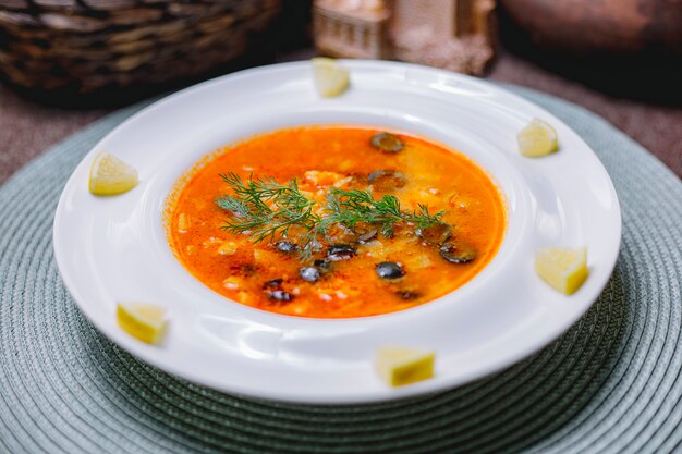 Vue latérale de la soupe aux légumes décorée d'olives noires et d'aneth dans une assiette