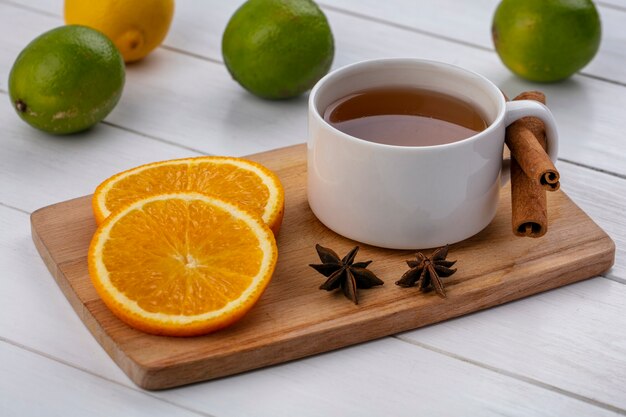 Vue latérale d'une tasse de thé avec des tranches de cannelle d'orange sur une planche avec de la chaux sur une surface blanche