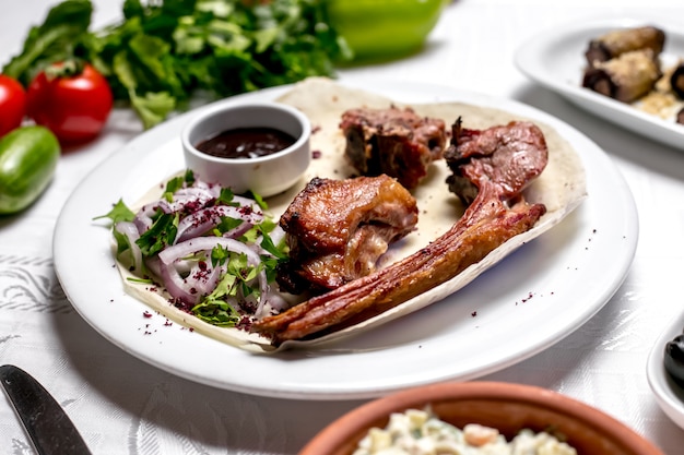 Vue latérale tike kebab sur pain pita aux herbes et oignons avec sauce et légumes