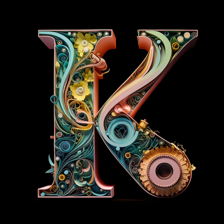 Photo gratuit vue de la lettre 3d k avec des fleurs en papier et des sculptures