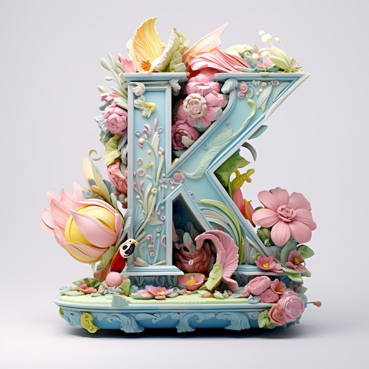 Photo gratuit vue de la lettre 3d k avec des fleurs