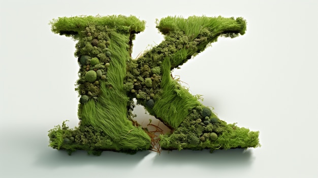 Vue de la lettre 3d k avec de l'herbe