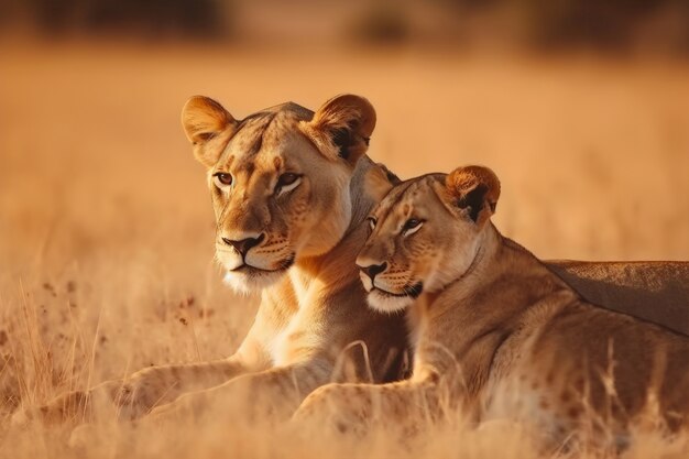 Vue de lionne avec son petit à l'état sauvage