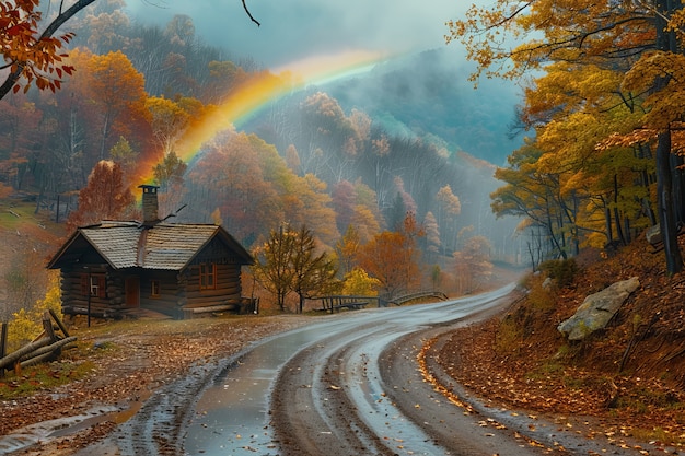 Photo gratuite vue d'un magnifique arc-en-ciel apparaissant au bout d'une route