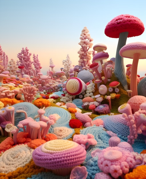 Vue d'un magnifique paysage mystique 3D avec des fleurs abstraites