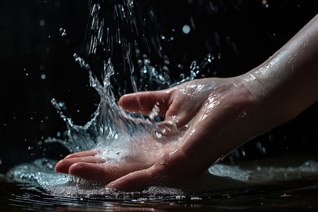 Vue d'une main réaliste touchant l'eau claire qui coule