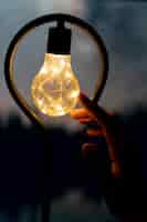 Photo gratuite vue des mains tenant une lampe à ampoule