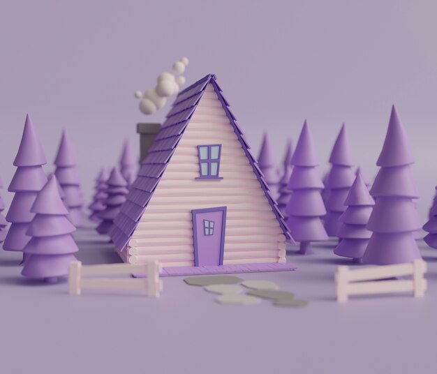 Vue de la maison 3d avec clôture et arbres