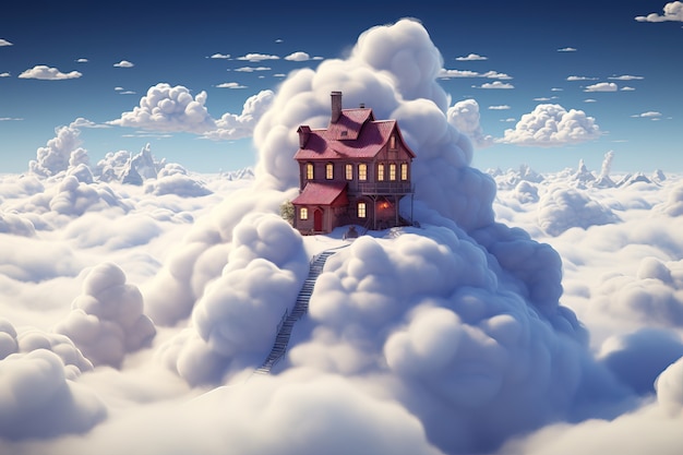 Photo gratuite vue de la maison en 3d avec des nuages