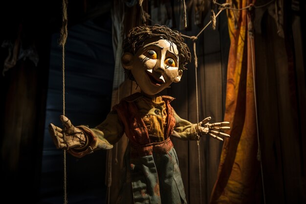 Vue d'une marionnette en bois effrayante avec des cordes