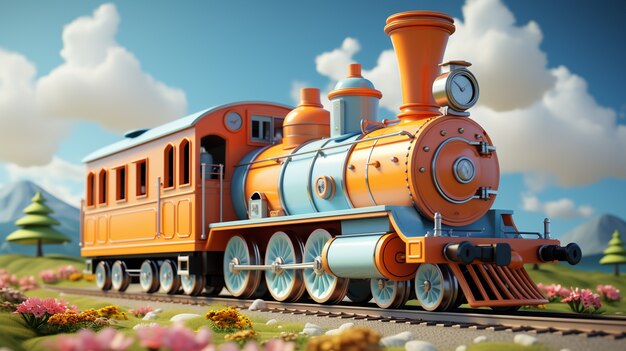 Vue d'un modèle de train 3D coloré avec paysage naturel