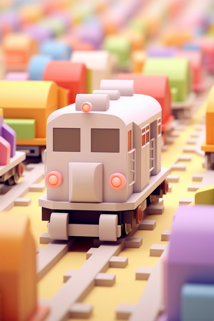 Photo gratuit vue d'un modèle de train 3d avec un fond coloré simple