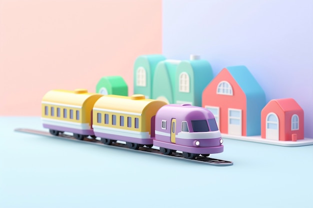 Photo gratuite vue d'un modèle de train 3d avec un fond coloré simple