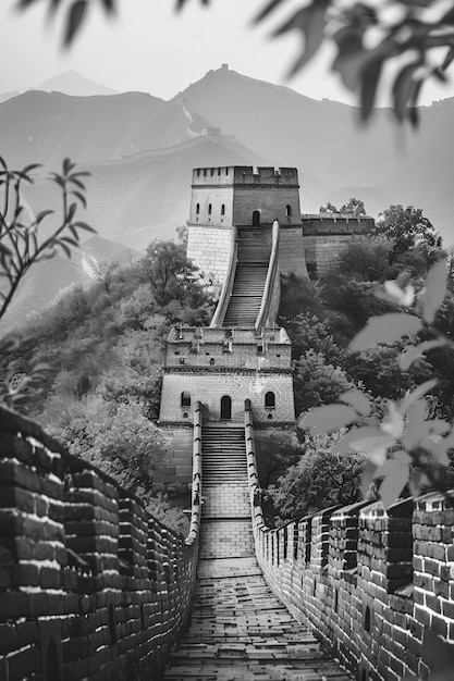 Photo gratuite vue monochrome de l'historique grande muraille de chine