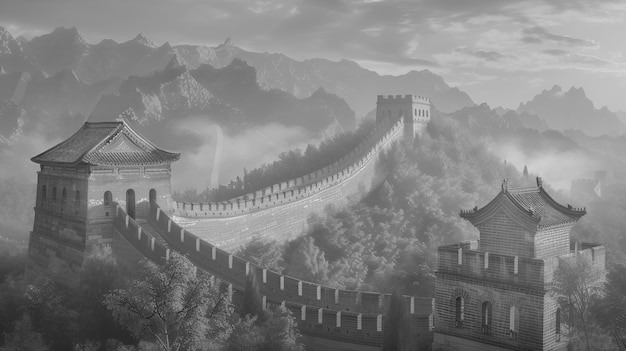 Photo gratuite vue monochrome de l'historique grande muraille de chine