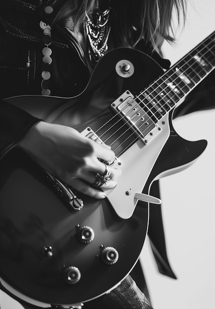 Vue monochrome d'une personne jouant de la guitare électrique