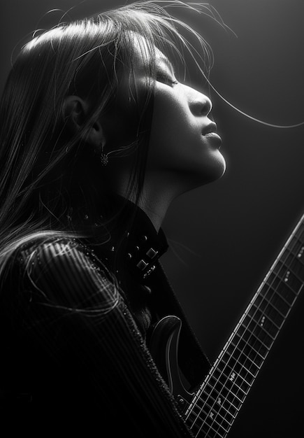 Photo gratuite vue monochrome d'une personne jouant de la guitare électrique