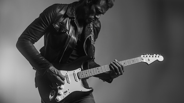 Photo gratuite vue monochrome d'une personne jouant de la guitare électrique