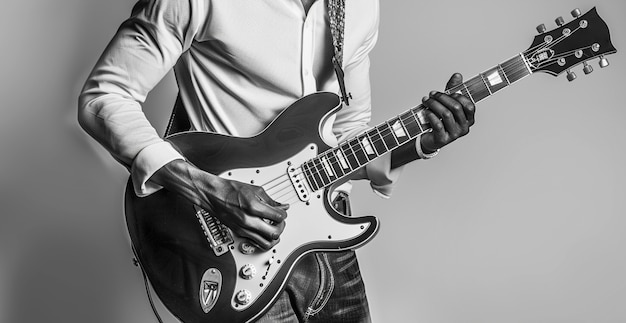 Photo gratuite vue monochrome d'une personne jouant de la guitare électrique