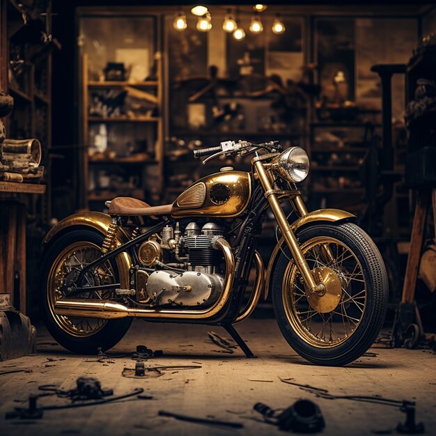 Vue de la moto dans le garage ou l'entrepôt