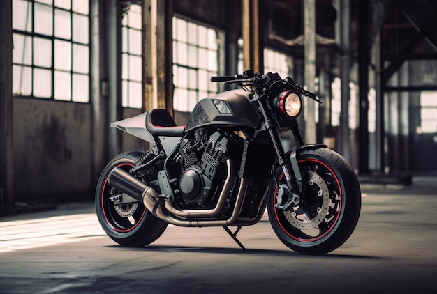 Vue de la moto dans le garage ou l'entrepôt