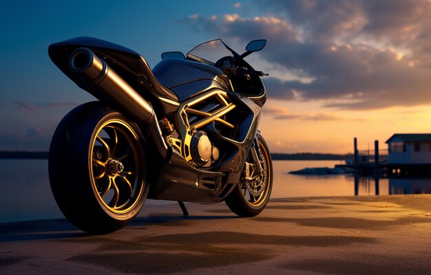 Vue de la moto la nuit près de l'eau