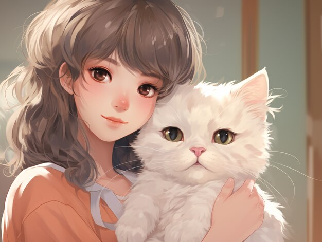 Vue moyenne de l'anime femme étreignant un chat