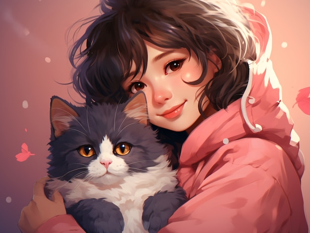 Vue moyenne de l'anime femme étreignant un chat