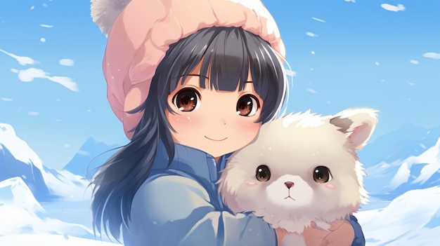 Photo gratuite vue moyenne de l'anime femme étreignant un chat