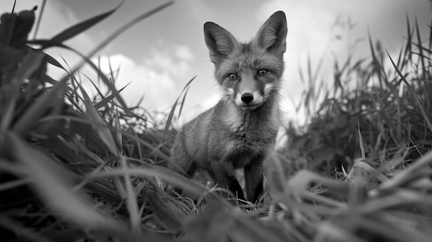 Photo gratuite vue en noir et blanc du renard sauvage dans son habitat naturel