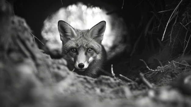 Vue en noir et blanc du renard sauvage dans son habitat naturel