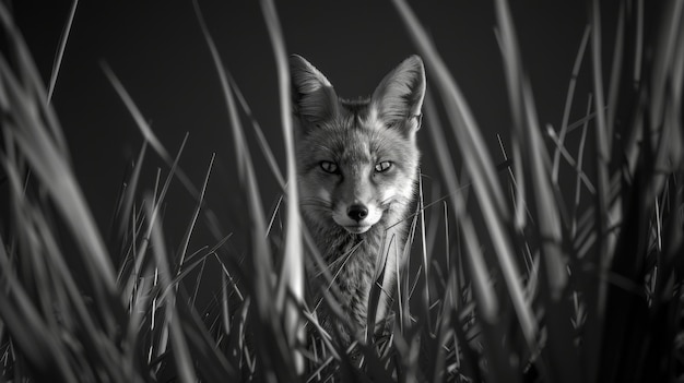 Vue en noir et blanc du renard sauvage dans son habitat naturel