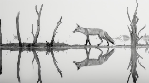 Vue en noir et blanc du renard sauvage dans son habitat naturel