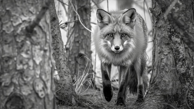 Photo gratuite vue en noir et blanc du renard sauvage dans son habitat naturel