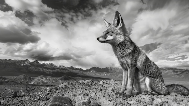 Vue en noir et blanc du renard sauvage dans son habitat naturel