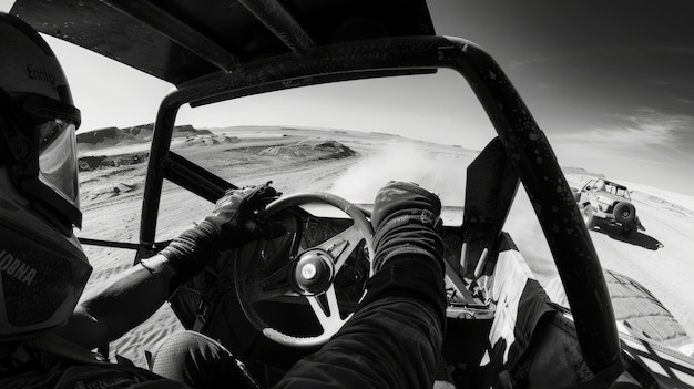 Photo gratuite vue en noir et blanc du temps d'aventure avec un véhicule tout-terrain et un terrain accidenté