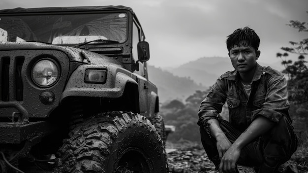 Photo gratuite vue en noir et blanc du temps d'aventure avec un véhicule tout-terrain et un terrain accidenté