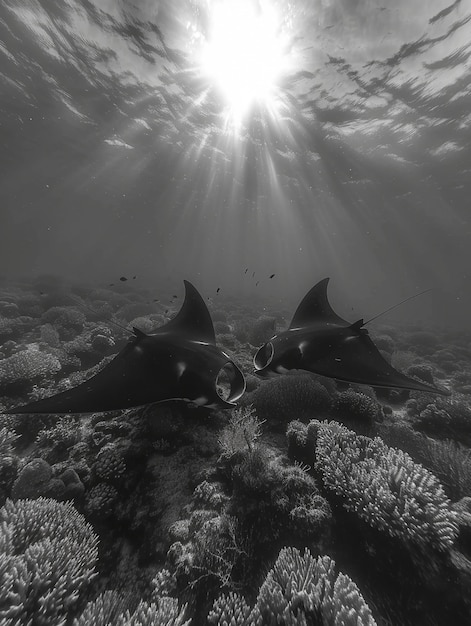 Photo gratuite vue en noir et blanc de la manta dans son environnement sous-marin naturel
